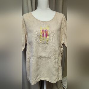 Produce Beige Linen Top with Pink Flip-Flop Patch